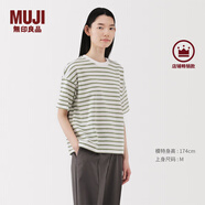 無(wú)印良品（MUJI）女式 條紋 圓領(lǐng)短袖T恤 上衣打底衫女款內(nèi)搭女裝女士 煙熏綠色條紋 XL (165/92A)