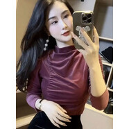 翱笛法式氣質(zhì)半高領(lǐng)長袖絲絨T恤女秋百搭褶皺修身顯瘦打底衫內(nèi)搭上衣 淺紫色 S[建議80-100斤] 均碼