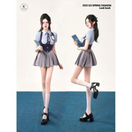 學(xué)院風(fēng)夏季jk制服高腰背帶裙設計感修身短袖襯衫上衣兩件套套裝女 藍色套裝 L