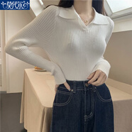 莫代爾翻領(lǐng)針織衫女2025春秋季新款上衣女辣妹顯瘦內搭別致短款打底衫 白色 L