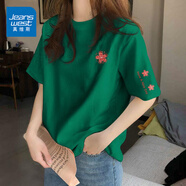 真維斯（JEANSWEST）純棉短袖女夏季2025新款休閑百搭半袖體恤衫女士潮流t恤女上衣服 墨綠 格子小紅花_K-格子小紅花 L