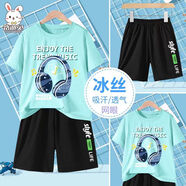 壹號鳳童裝男童童裝夏裝2024新款時(shí)尚中大童兒童韓版帥氣休閑短袖兩件套 湖藍色耳機短袖【套裝】 140 適合身高135CM左右