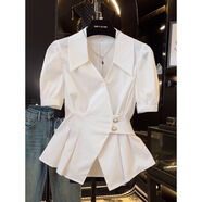菲尼東爵法式氣質(zhì)V領(lǐng)襯衫女夏季級感不規則設計壓褶收腰顯瘦短袖上衣女 01白色款 L 【建議115-130斤】