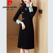 皮爾卡丹（pierre cardin）胖MM大碼300斤女裝新中式連衣裙顯瘦中國風(fēng)復(fù)古中長款打底裙子 黑色 薄款今年流行的輕奢品牌 2XL 建議125斤-150斤