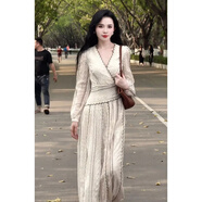 法式名媛氣質(zhì)女神范V領長袖連衣裙女2025春夏新款氣質(zhì)收腰長裙子 連衣裙[高品質(zhì)] S80-95斤 均碼
