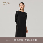 OVV2022秋冬新款女裝絲棉混紡H型一字領(lǐng)中袖針織連衣裙 黑色A1 XS
