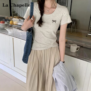 拉夏貝爾2025夏季新款正肩女蝴蝶結刺繡修身收腰顯瘦半袖打底衫 麻灰色2XL