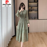 皮爾卡丹（pierre cardin）春秋季小眾設(shè)計(jì)復(fù)古甜美印花裙木耳邊燈籠袖松緊腰顯瘦連衣裙 圖片色 S