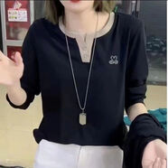 【反季清倉】秋季新款天鵝鑲鉆v領長袖,洋氣減齡媽媽裝,氣質(zhì)打底 黑色 2XL (適合105-120斤)