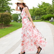 吊帶連衣裙無(wú)袖露肩雪紡碎花歐美小清新裙子女裝2023新款夏女掛脖 吊帶桃花粉 S 裙長(cháng)125身高165-169