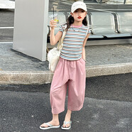 蕉京兒哈倫褲套裝夏季中大童女孩休閑條紋短袖蘿卜褲寬松甜酷 粉色 粉色 120