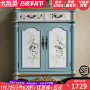 卡梵羅（KAFANLUO） 美式鞋柜實(shí)木三四門五門對(duì)開門鞋柜復(fù)古實(shí)木地中海彩繪歐式雕花 淺藍(lán)花鳥兩門86*38*110cm