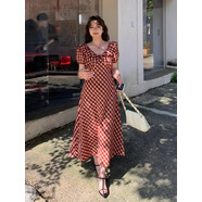 馬路MaLuuuuuu夏日漿果紅格子連衣裙微胖大碼法式復古收腰長(cháng)裙女 夏日漿果 L 均碼