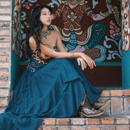 貓之旅店異域風(fēng)情度假連衣裙5色波西米亞長裙含口袋兩穿高腰半身裙 孔雀藍(lán) S