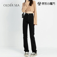 OLDER SEA黑色直筒牛仔褲女夏季2025新款高腰窄版闊腿顯瘦煙管褲子女 黑色 M 建議98-112斤