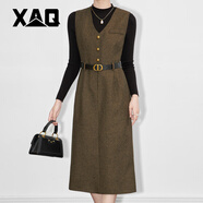 XAQ高端套裝女秋冬法式名媛氣質(zhì)小香風(fēng)連衣裙針織打底衫配毛呢背心裙 綠棕色 M