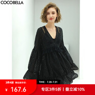 COCOBELLA璀若星河優(yōu)雅提花亮片連衣裙V領(lǐng)娃娃裙FR88 黑色 M