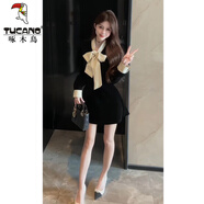 啄木鳥(niǎo)金絲絨連衣裙女今年流行小個(gè)子顯高秋冬新款小香風(fēng)蝴蝶結內搭裙子 修身黑色修/身 S 90-100斤