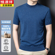 恒源祥（HYX）2025秋季短袖羊毛衫男士100純羊毛半高圓領(lǐng)薄款休閑精仿針織T恤衫 花深蘭 ZYR6608 XL 175 建議130-150斤