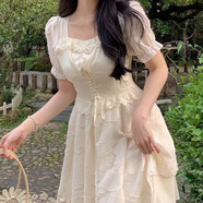 沂歆法式連衣裙裙子女夏季2025新款輕奢高級感小個(gè)子長(cháng)裙顯瘦遮肚子 杏色綁帶式雪紡連衣裙 M 【建議90-105斤】