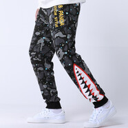 天龍致尊/Denon supreme 休閑褲男2021秋季鯊魚印花長褲迷彩小腳褲潮男休閑長褲 迷彩色 M