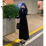 啄木鳥長袖針織連帽連衣裙女大碼微胖m妹初秋高腰韓版時(shí)尚黑色a字長裙子 修身黑色修/身 2XL 【建議140-160斤】