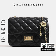CHARLIE&KELLI CK品牌包包女包2025新款520情人節(jié)禮物鏈條菱格包小香風(fēng)單肩斜挎 黑色淺金有l(wèi)ogo（金色內(nèi)里）