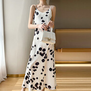 阿瑪施（AMASS）哥弟適用醋酸緞面v領(lǐng)吊帶中長(cháng)裙女氣質(zhì)時(shí)尚印花高腰連衣 黑色 M 均碼