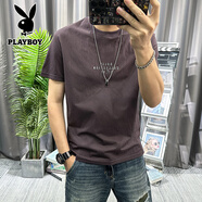 花花公子（PLAYBOY）2025夏季新款男士棉麻短袖T恤修身字母印花百搭薄體恤 紫色 M 90-115斤