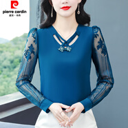 皮爾卡丹春秋裝新款女士雪紡衫長(cháng)袖T恤女2025韓版大尺碼女裝蕾絲上衣打底 孔雀藍 M 適合90斤-105斤