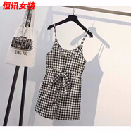 美梵朗夏季套裝背帶褲女學(xué)生韓版寬松格子吊帶高腰連體褲闊腿短褲春秋 白色T恤+黑格背帶褲 S 75-90斤
