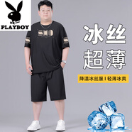 花花公子（PLAYBOY）潮流速干冰絲運(yùn)動(dòng)套裝男士夏季胖子寬松加肥加大休閑短袖兩件套 黑色-C067-套裝 2XL 建議140-160斤