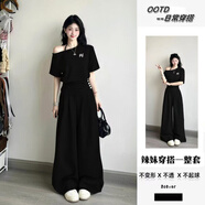 素優(yōu)米（SUYOUMI）休閑運動(dòng)服套裝女夏季新款韓版露肩短袖上衣時(shí)尚寬松闊腿褲兩件套 黑色上衣+褲子【兩件套】 L 【建議105-115斤】
