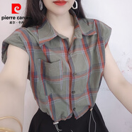皮爾卡丹（pierre cardin）減齡短袖襯衫女港風(fēng)復(fù)古休閑polo領(lǐng)格子短款夏季寬松顯瘦抽繩上衣 6068-綠色 L 【建議105-115斤】
