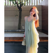 讓霧吊帶連衣裙裙子女夏季2025新款度假風(fēng)穿搭海邊沙灘裙長(cháng)裙純欲法式 春辰綠紋理設計感掛脖連衣裙 M 建議90-100斤
