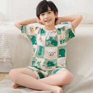 兒童短袖短褲棉綢睡衣褲套組夏季薄款空調(diào)服中大童女童男寶寶家居 方格恐龍（短袖短褲） 160 L/110適應(yīng)身高（150-cm）已預(yù)留