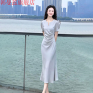 韓曼蕊法式輕奢醋酸緞面連衣裙女夏大碼收腰顯瘦魚(yú)尾長(cháng)裙氣質(zhì)感 灰藍色【仙氣飄飄/襯衫連衣裙/冷 S 【80-100斤】