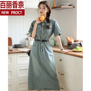 百麗香奈小清新韓系學(xué)院風(fēng)減齡氣質(zhì)連衣裙女夏季新款小清新牛仔裙別致長裙 牛仔藍版 S