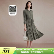 MORELINE沐蘭優(yōu)雅復(fù)古翻領(lǐng)長袖連衣裙2024秋新款系帶收腰襯衫裙中長款 軍綠 2XL 44/XXL