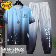 G.DUCKKIDS男童冰絲套裝夏季兒童短袖t恤半袖衫中大童男孩夏裝薄款速干褲子 藍(lán)水滴上衣+漸變長(zhǎng)褲  150 cm