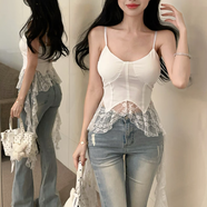 刃蕉顯瘦V領(lǐng)氣質(zhì)蕾絲短款吊帶上衣法式小眾設計感個(gè)性背心女夏季辣妹 黑色 均碼 (80-120斤)