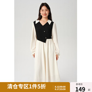 獨束大碼女裝V領(lǐng)針織拼接撞色連衣裙2024秋季新款溫柔微胖MM長(cháng)裙 靜謐黑 L (尺碼：2)
