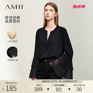 AMII2024秋新款極簡(jiǎn)純色寬松V領(lǐng)雙層荷葉袖正肩長(zhǎng)袖雪紡衫女 黑色 160/84A/M