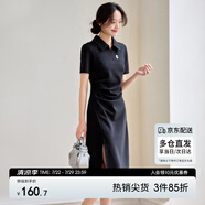 尚都比拉夏季通勤Polo裙短袖針織連衣裙女開叉A字裙 黑色142L54627  M