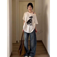 薔櫻YANLUBB尤尼尼雪納瑞印花一字肩印花短袖T恤女2025新款夏露肩上衣 白色 M (95-105斤)