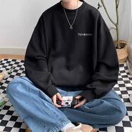 型于格潮牌無帽圓領(lǐng)衛(wèi)衣男生打底衫秋冬加絨加厚保暖長袖t恤內(nèi)搭男上衣 黑色 (常規(guī)款) 2XL 建議(145-160斤）