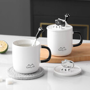 品喻（PINYU）馬克杯陶瓷帶蓋勺茶杯家用咖啡杯高顏值水杯男女情侶杯子貓咪白色