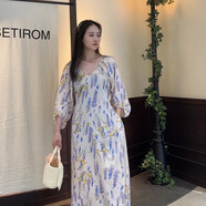 NTKW2025棉綢女法式碎花連衣裙女夏季新款氣質(zhì)系帶顯瘦七分袖度假長(cháng)裙 薰衣草（口袋款） 2XL 裙長(cháng)135CM