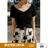獨束【多色可選】大碼女裝抽繩褶皺大V領(lǐng)短袖針織衫女短款甜美上衣 黑色 3XL