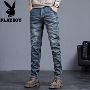 花花公子（PLAYBOY）牛仔褲男士彈力修身小腳長(zhǎng)褲子男款2025春秋季潮牌復(fù)古直筒休閑褲 3608懷舊藍(lán) 30